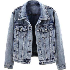 Women's Embroidered Rivet Pearl Short Denim Jacket Coat Snowflake Blue